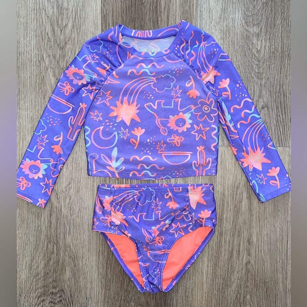 Cat and Jack Two Piece Swimsuit, Purple with Neon Dinos / Floral - 3T